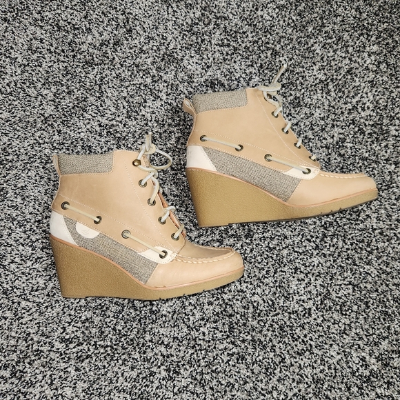 Sperry Top-Sider Wedge Ankle Boots Baily Tan Lace Up Plaid Womens 7.5,Preppy - Picture 2 of 12